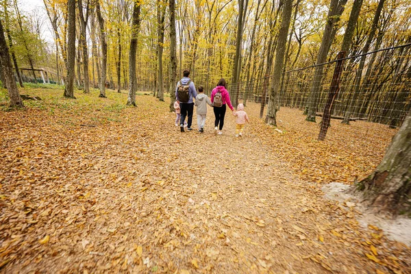 Retour Famille Avec Enfants Promenade Dans Forêt Automne — Photo