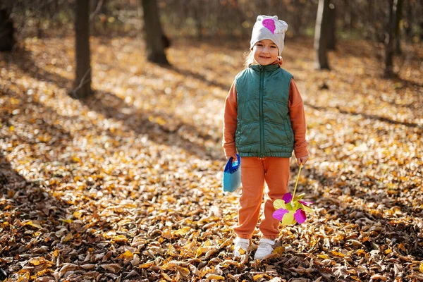 Hösten Utomhus Porträtt Vackra Glada Barn Flicka Skogen — Stockfoto