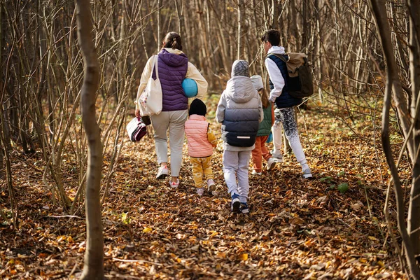 母亲带着孩子在森林里的秋天活动中享受家庭的闲暇 — 图库照片