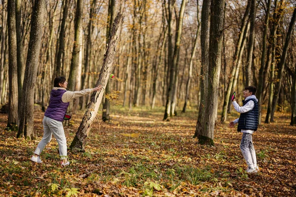 Mother Son Play Autumn Forest Catch Toss Ball Game — Stock Photo, Image