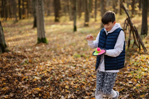 秋季户外肖像画男孩玩接球和抛掷球游戏 — 图库照片