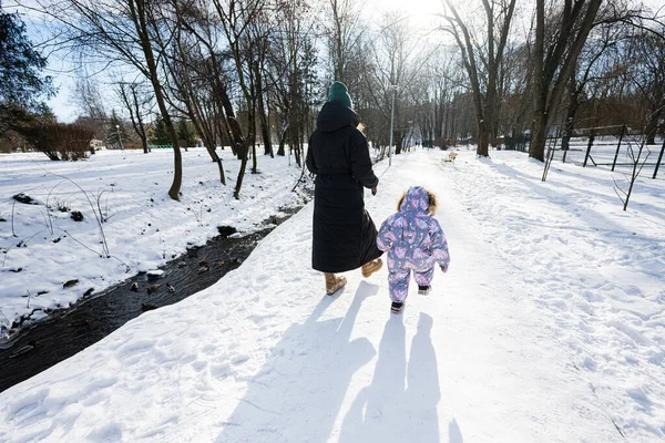 Вид Ззаду Матір Дитину Йде Сонячно Морозним Зимовим Днем Парку — стокове фото