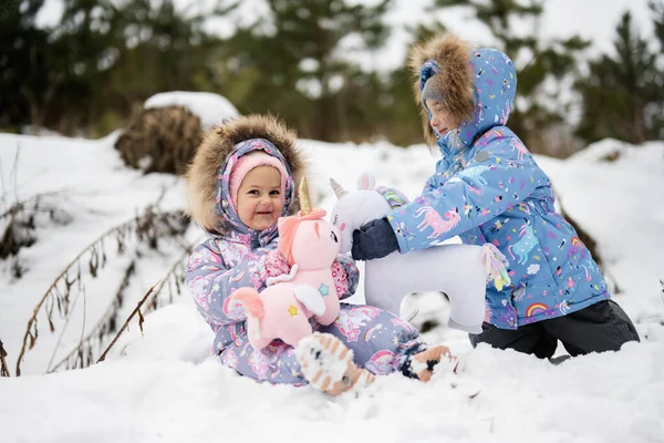 Två Systrar Vinterskogen Med Fyllda Enhörning Leksaker — Stockfoto