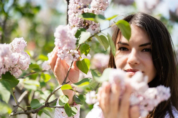 Young Beautiful Brunette Woman Shirt Lilac Tree — Stock Photo, Image