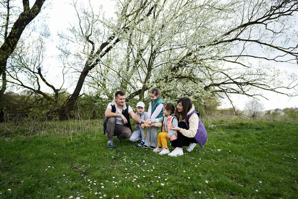Family Three Kids Spring Meadow Background Flowering Tree — Stock Photo, Image