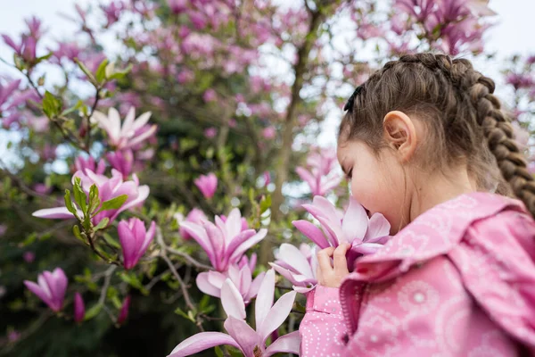 Дошкольница Розовой Куртке Наслаждается Прекрасным Весенним Днем Возле Цветущей Магнолии — стоковое фото