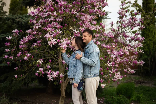 Tender Couple Love Wear Jeans Jacket Enjoying Nice Spring Day — Stock Photo, Image