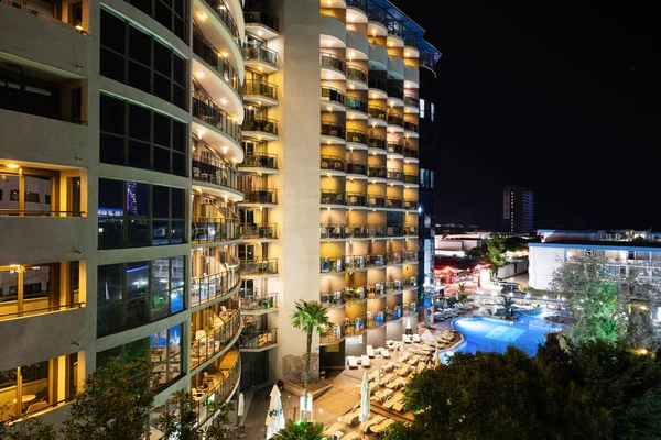 stock image Sunny Beach, Bulgaria- June 2023: Night view of the Smartline Meridian Hotel from the balcony of Dunav hotel in Sunny Beach, Bulgaria. 