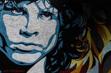 Lutsk, Ukrayna - Mart 2024: Vibrant kentsel grafiti sanatı Kapılar 'dan ünlü bir rock müzisyeni Jim Morrison' ı esintili, karanlık bir duvarda canlandırıyor, retro bir titreşim yayıyor..