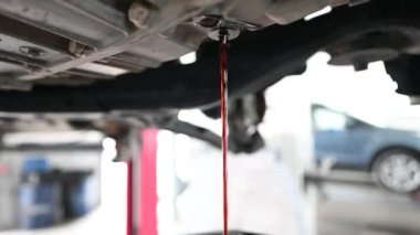 Kullanılmış motor yağı, bir araba motorundan tavaya boşaltılıyor. Araba bakım ve onarım, yağ değişimi servis konsepti. Kapat..