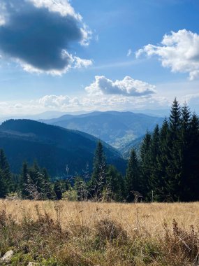 Geniş manzaralı, yemyeşil yemyeşil ve yükselen bulutlarla çarpıcı bir dağ manzarasının sükunetini yakalayın. Doğa, seyahat ve manzaralı güzellik temaları için ideal..