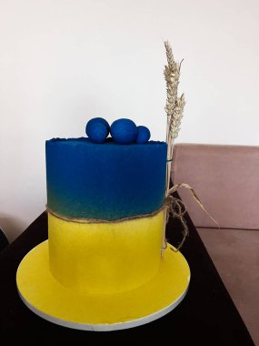 Buğday ve böğürtlen gibi doğal elementlerle süslenmiş canlı mavi ve sarı bir pasta yaratıcılık ve kutlamalar sergiliyor. Temalı partiler ya da özel durumlar için mükemmel.