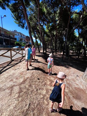 Çocuklar da dahil olmak üzere bir aile, uzun ağaçların altında gölgeli bir orman yolunda geziniyor. Güneşli bir gün neşeli bir atmosfer yaratır, doğada barışçıl bir yürüyüş için mükemmel. Porto Sant 'Elpidio, İtalya.