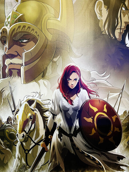 Kyiv, Ukraine - December 15, 2024: The Lord of the Rings: The War of the Rohirrim movie. A red-haired warrior dressed in medieval armor, brandishing a shield