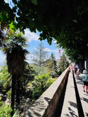 Turistler canlı bitkilerle çevrili pitoresk bir bahçe geçidini ve parlak bir gökyüzünün altında tarihi bir kuleyi keşfediyorlar. Doğa ve mimarinin sakin bir karışımı. Assisi, İtalya.