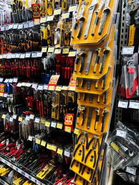 A detailed view of numerous hand tools including pliers and wrenches on store shelves, shown with pricing labels and colorful packaging, providing an organized view of hardware store supplies. clipart