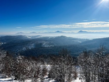 Sakin bir kış manzarasının panoramik görüntüsü, karla kaplı tepeler ve parlak mavi gökyüzünün altındaki uzak sisli dağlar. Sahne, kışın doğanın sükunetini yakalar..