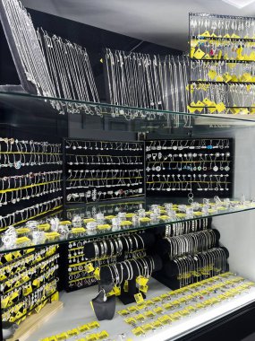 Kyiv, Ukrayna - 4 Şubat 2025: Bir perakende mağazasının vitrininde sergilenen parlak gümüş mücevher koleksiyonu.