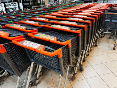 Kyiv, Ukrayna - 4 Şubat 2025: Modern bir perakende ve market ortamında düzenli olarak düzenlenmiş alışveriş arabaları