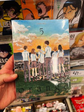 Kyiv, Ukraine - February 04, 2025: Orange by Ichigo Takano, five teenagers wearing uniforms enjoying a sunset view above a scenic landscape clipart