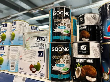 Kyiv, Ukrayna - Şubat 04, 2025: Bir market rafında çeşitli hindistan cevizi sütü ve krem tozu paketleri.