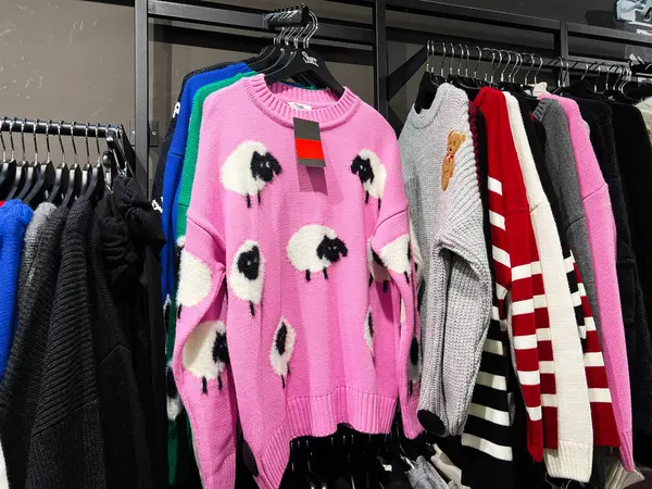 Kyiv, Ukrayna - 4 Şubat 2025: Çeşitli desenler ve tasarımlar içeren canlı süveter koleksiyonu