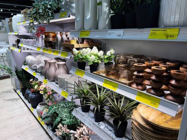 Kyiv, Ukrayna - Şubat 04, 2025: Bir ev dekorasyon mağazasında vazolar, saksılar ve yapay bitkiler de dahil olmak üzere çeşitli dekoratif eşyalar