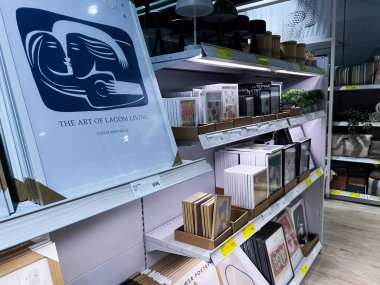 Kyiv, Ukrayna - 4 Şubat 2025: Sanat çerçeveleri, dekoratif eşyalar ve iç süslemelerle dolu modern raf üniteleri