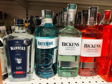 Kyiv, Ukrayna - Şubat 04, 2025: Açık ve parlak ışık altında süpermarket raflarında renkli cin şişeleri seçimi