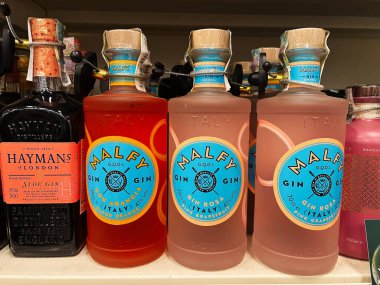 Kyiv, Ukrayna - 4 Şubat 2025: Bir içki dükkanının rafında sergilenen parlak etiketli cin şişeleri