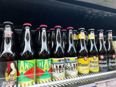 Kyiv, Ukrayna - 4 Şubat 2025: Çeşitli bira şişeleri soğutulmuş bir mağazada düzgünce düzenlendi ve sergilendi.