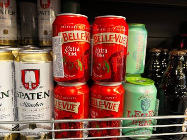 Kyiv, Ukrayna - Şubat 04, 2025: Esnaf ve geleneksel markalar da dahil olmak üzere çeşitli bira kutuları, bir mağaza rafında görülüyor.