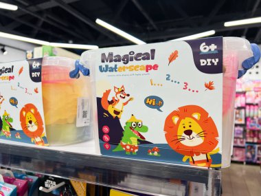 Kyiv, Ukraine - February 09, 2025: Toy craft kit package for children featuring vibrant animals and fun learning concepts clipart