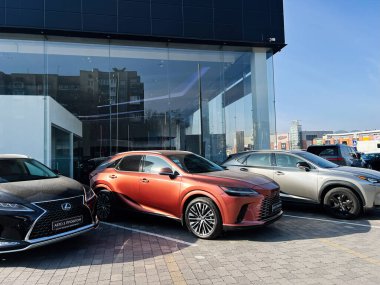 Lviv, Ukrayna - 12 Şubat 2025: Gündüz vakti park halindeki araçları gösteren modern bir Lexus araba galerisi