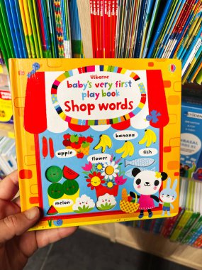 Lviv, Ukrayna - 16 Şubat 2025: Parlak tasarlanmış eğitim kitabı küçük çocuklara kelime dağarcığı öğretiyor