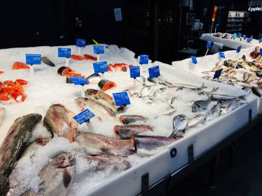 Lviv, Ukrayna - 16 Şubat 2025: Canlı bir pazar ortamında buzda sergilenen taze balık ve deniz ürünleri.