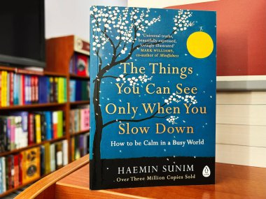 Lviv, Ukrayna - 20 Şubat 2025: ancak Haemin Sunim tarafından yavaşlatıldığında görebileceğiniz şeyler. Kitap kapağı, meşguliyet ve stres arasında farkındalık ve rahatlamayı teşvik ediyor, başlıklı ve resimli.