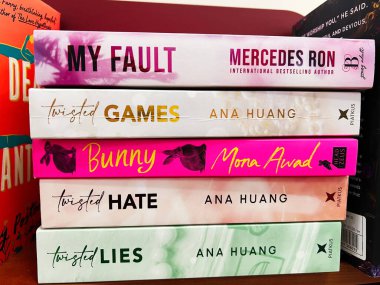 Lviv, Ukrayna - 20 Şubat 2025: Bir raf düzeninde dikey olarak dizilmiş canlı kitap dikenlerinin yakın çekimi.