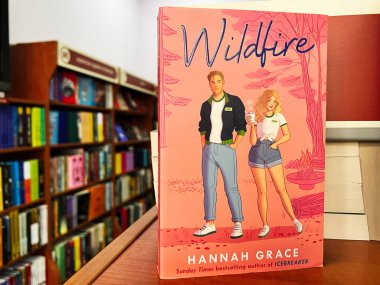 Lviv, Ukrayna - 20 Şubat 2025: Hannah Grace 'ten Wildfire. Renkli raflarla çevrili bir kitapçıda göze çarpan bir kitap kapağı.