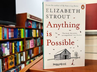 Lviv, Ukrayna - 20 Şubat 2025: Elizbeth Strouth tarafından her şey mümkündür. Renkli kitaplıklara karşı bir kitaplığın ayrıntılı görünümü.