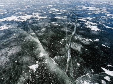 Cracked icy surface of a frozen lake with scattered markings of snow clipart