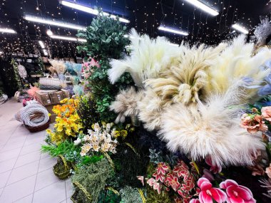 Perakende satış yerinde sıcak ışık altında canlı çiçek koleksiyonu.