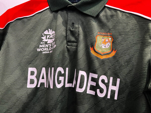 Kyiv, Ukraine - February 27, 2025: Cricket jersey of Bangladesh with team logo for ICC T20 World Cup event.