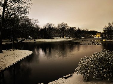 Huzurlu bir göl ve aydınlık binaların bulunduğu karla kaplı bir park.