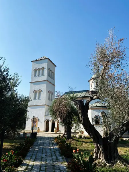 Ulcinj, Karadağ - 13 Temmuz 2024: Ağaçların arasında sakin, beyaz bir Aziz Nikola kilisesi, berrak bir gökyüzü altında sakinlik gösteriyor. Ulcinj, Karadağ