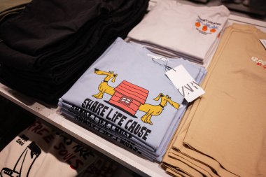 Lviv, Ukrayna - 13 Mart 2025: Çeşitli Zara grafik paylaşımı Yaşam Sebebi tişörtleri perakende sergileniyor, canlı tasarımlar ve logolar sergileniyor.