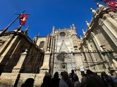 Seville, İspanya - 5 Kasım 2023: Saint Mary Katedrali. Sevilla Katedrali, Sevilla Katedrali. İspanya 'nın Sevilla katedrali. Karmaşık detaylar ve parlak mavi bir gökyüzü.