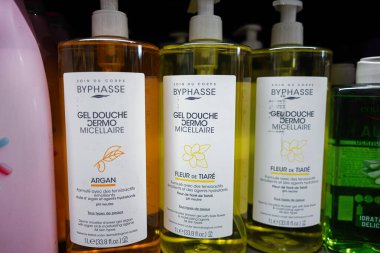 Lviv, Ukraine - March 25, 2025: Three varieties of Byphasse Gel Douche Micellaire lined up on a shop shelf