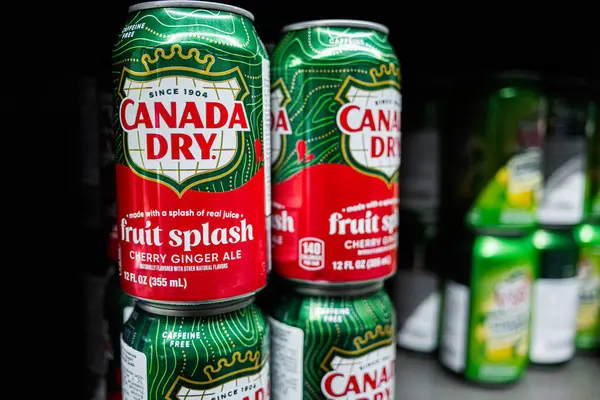 Lviv, Ukrayna - 25 Mart 2025: Kanada 'ya yakın plan: Bir süpermarkette zencefilli gazoz şişesi kurutmak.