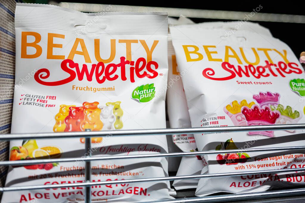 Lviv, Ukraine - March 25, 2025: Packaging of Beauty Sweeties gummy candy featuring bright designs and cheerful colors
